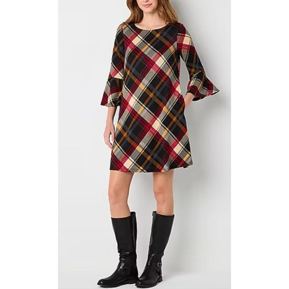 Jessica Howard Women's Size Large 3/4 Sleeve Plaid Shift Dress Black Red Brown 1